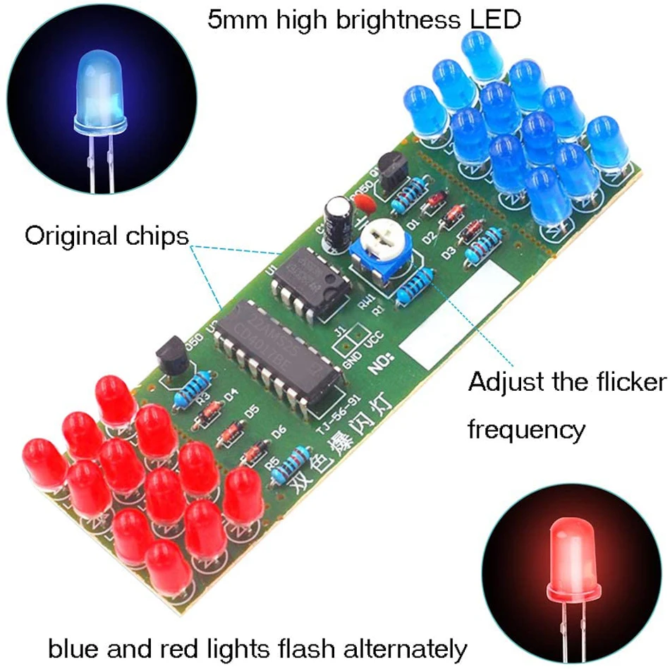 NE555 CD4017 IC LED Electronic Lights Kits Red Blue Dual-Color DIY Kit Strobe Electronic Suit Flashing Lights Components DIY