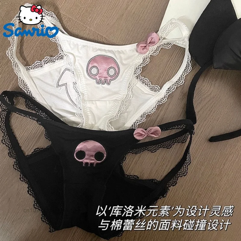 

Sexy Triangle Panties for Women, Sanrio Kuromi, Sweet Demon Skulls, Embroidery, Cute Pattern, Lace Bow Tie, Kawaii Briefs