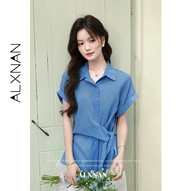 

ALXNAN Blue Shirt Women 2026 Summer Lapel Asymmetrical Cross Tie Waist Short Sleeve Shirts Fashion Loose-fit Casual Tops L65272