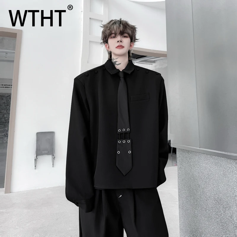 

WTHT Fashion Men's Solid Color Fake Two-pieve Tie Design Shirts Trendy Turn Down Collar Long Sleeves Top Male 2025 Autumn 2A1722