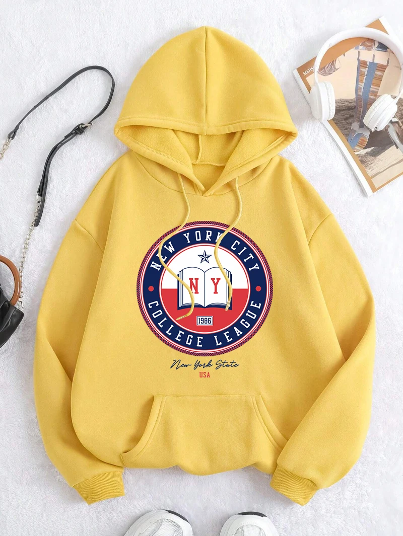 New York City Hoodie Womens College League Printing Streetwear Fleece Warm Pocket Loose Hooded Winter Comfortable Woman Clothes