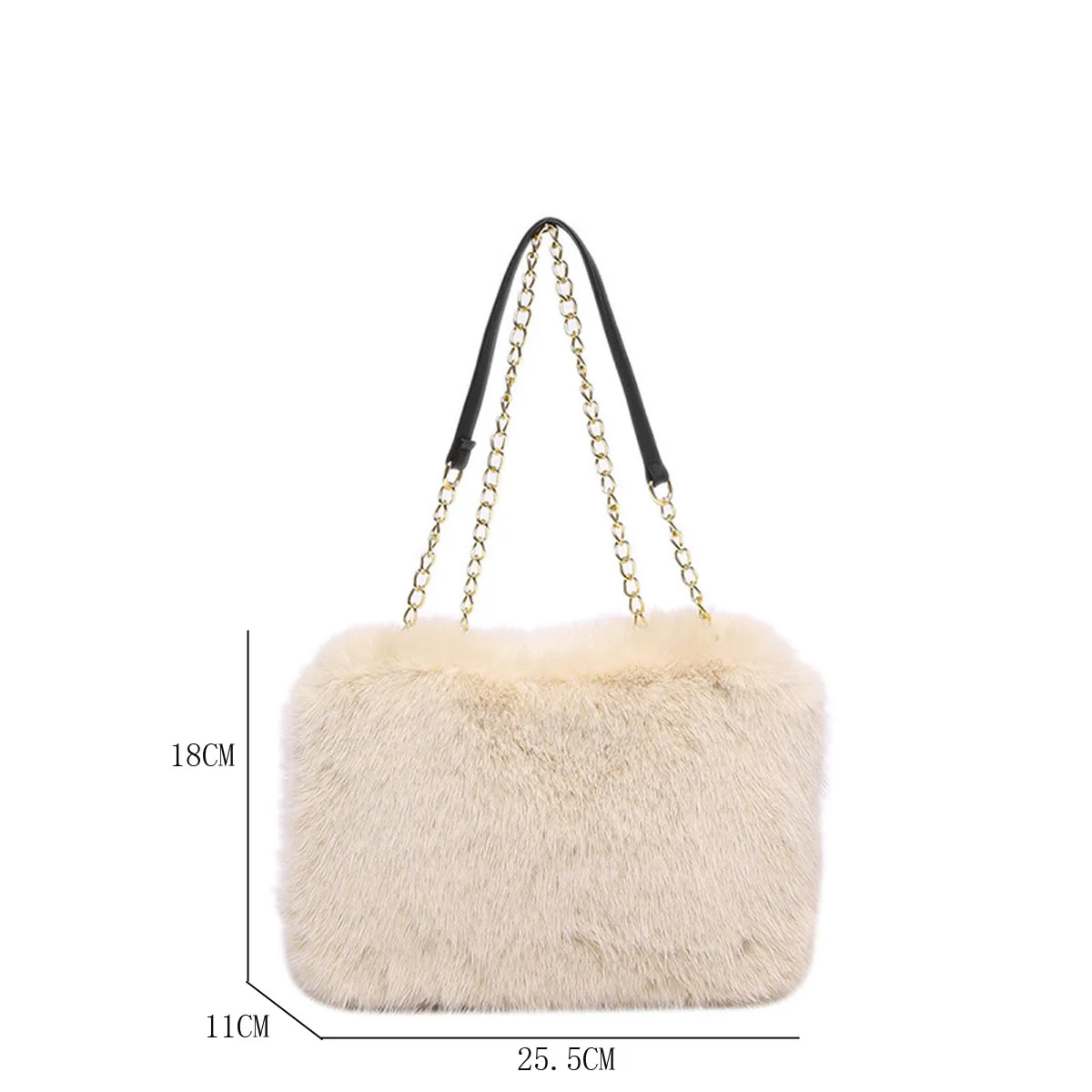 Fashionable plush large capacity tote bag high-end faux fox fur flap shoulder bag commuter bag with metal chain