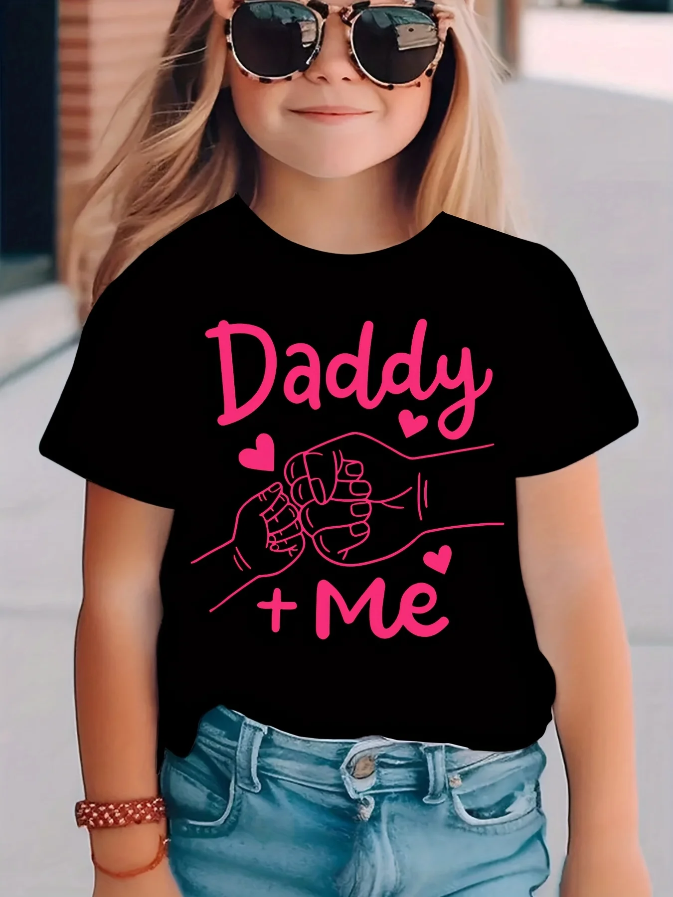 Camiseta de manga corta para niña, moda de verano, top informal con estampado de letras "Big Fist Meets Small Fist" para papá y yo