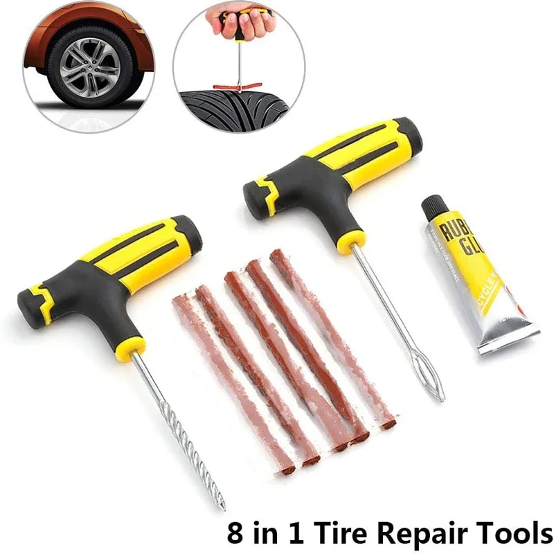 Car Tire Repair Tools Kit with Rubber Strips Tubeless Tyre Puncture Studding Plug Set for Truck Motorcycle