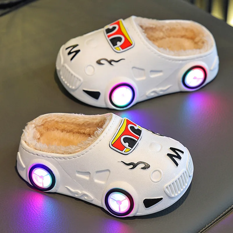 Children's Slippers 2026 Autumn and Winter New Boys' Car Shaped Wheels Will Light Up Anti Slip Soft Bottom  Warm Cotton Slippers