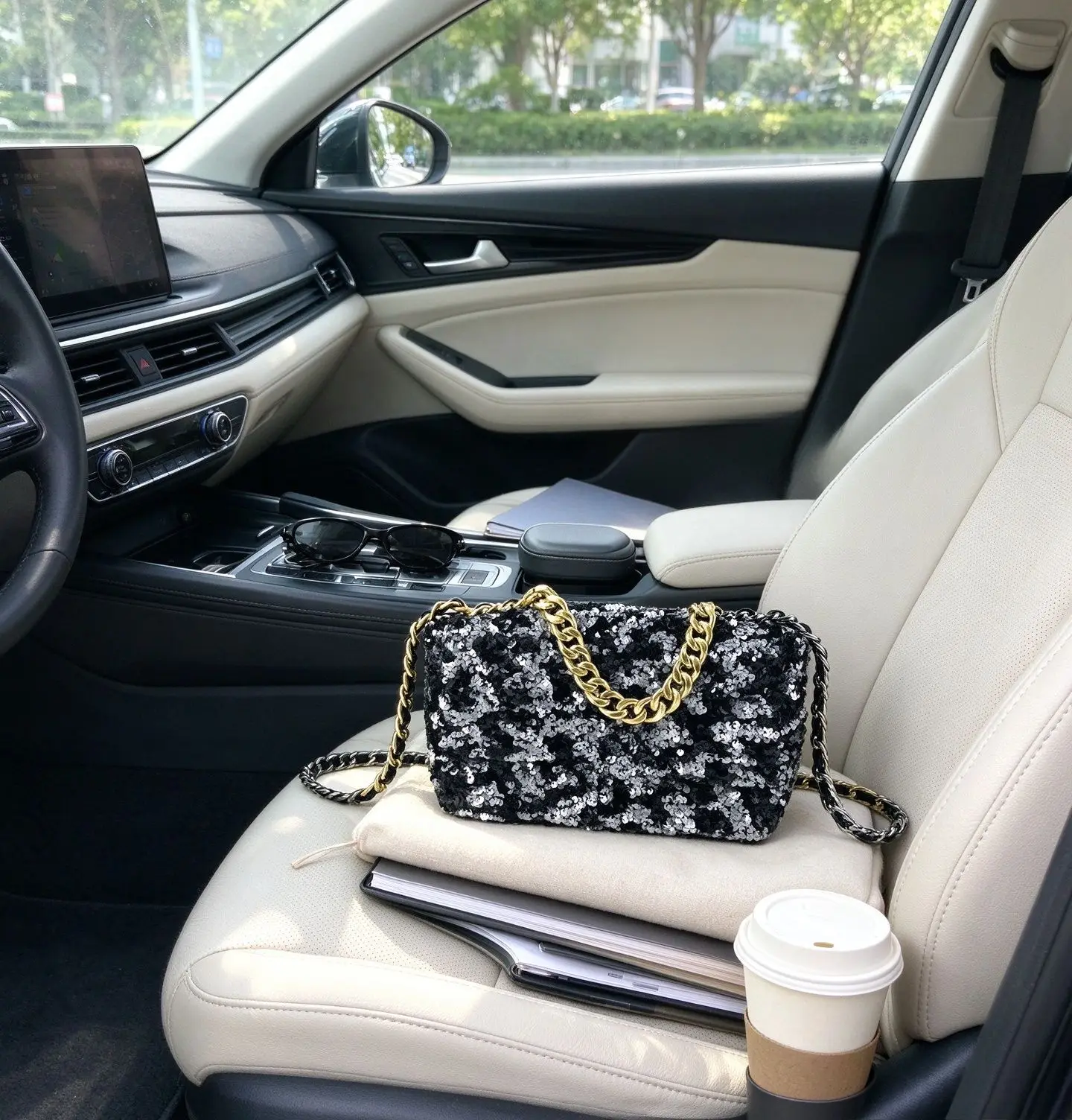 Black Silver Reversible Sequin Shoulder Bag Women Two-tone Thick Gold Chain Evening Crossbody Handbag