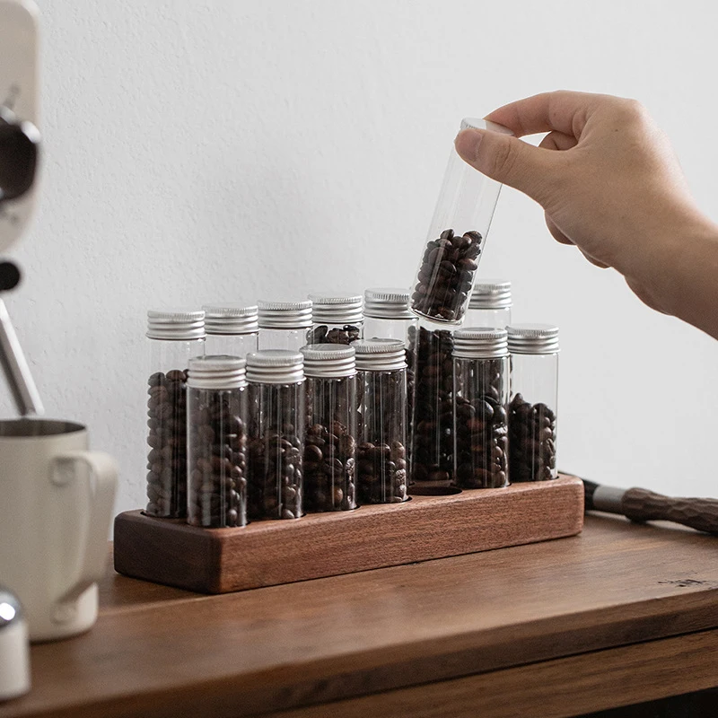 Coffee Bean Storage Tubes With Walnut Wood Stand Base Glass Jar Single Dose Container With Lid For Tea Spice Essential Oil Salt