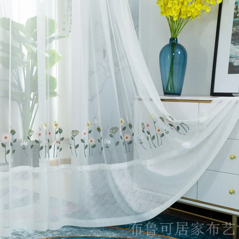 

New Modern Minimalist and Luxurious Embroidered Gauze Curtains Half Shading Lotus Splicing Process Window Screen for Living Room