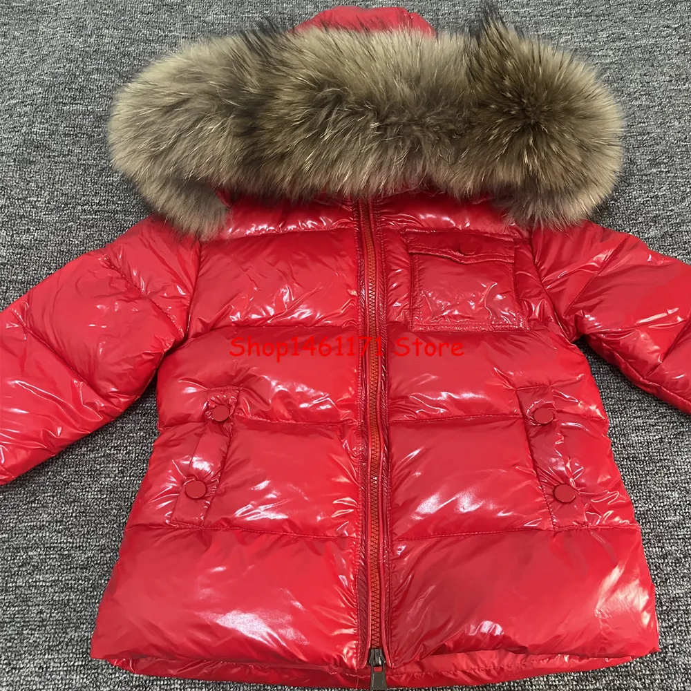 Children\'s Winter Down Jacket Shiny Luxury Natural Fur Collar Toddler Boys Hooded Coat Baby Girls Warm Snowsuit Kids Parkas