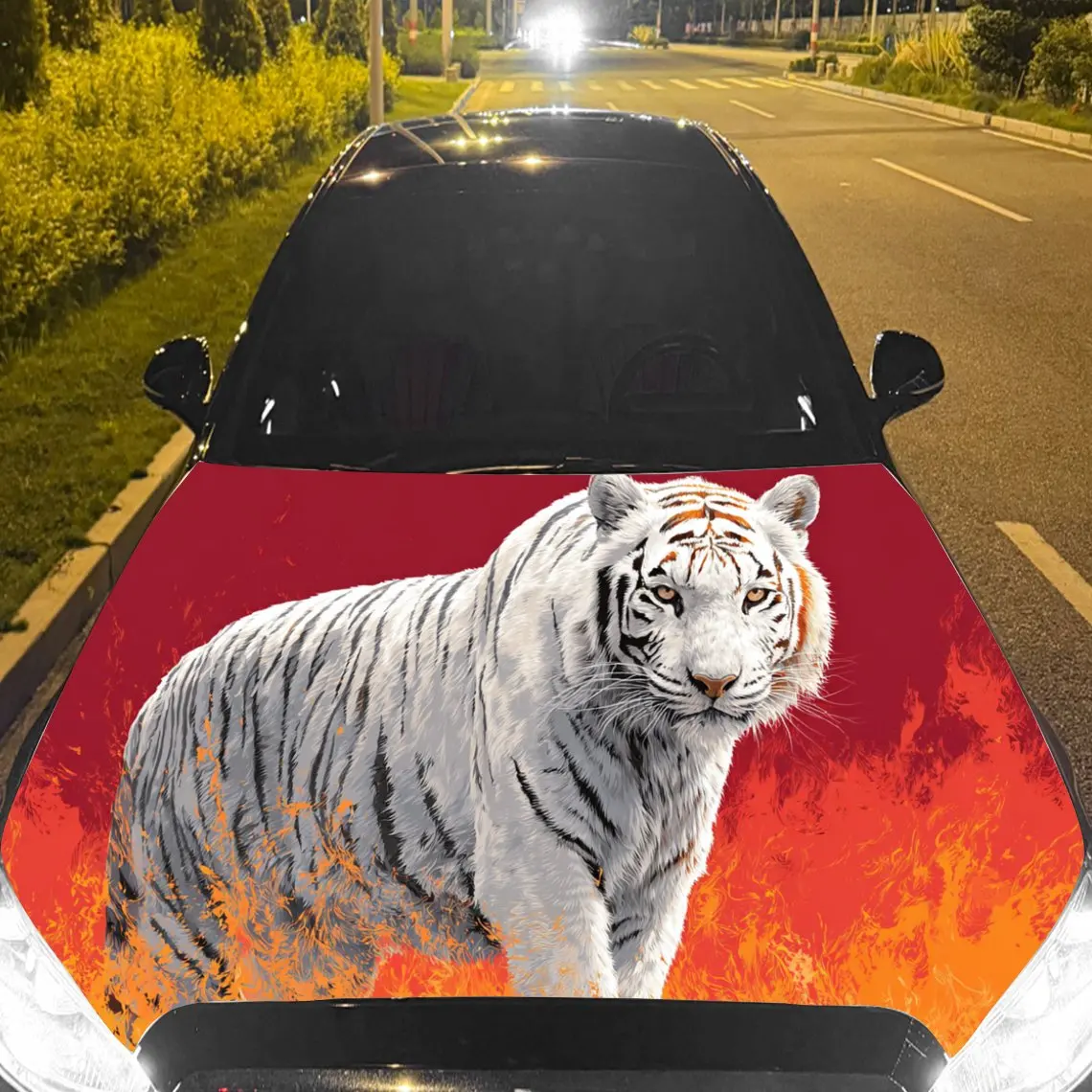Car Decal White Tiger with Fiery Red Artistic Background & Mystic-Wild Aesthetic Car Hood Sticker, Waterproof Self - Adhesive Vi