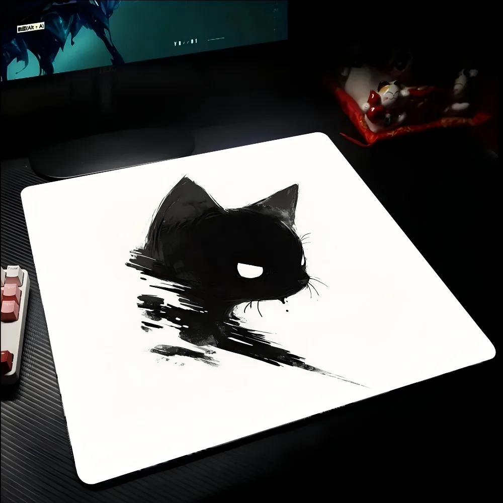 Aesthetic Ink Blot Black Cat Desk Mat, Extra Large Minimalist Art Mouse Pad, Non-Slip Waterproof Keyboard Mat for Desk Decor