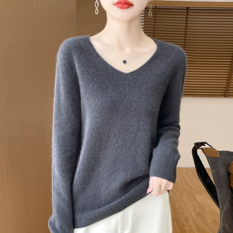 Fashion Pullover 100% Merino Wool Women Sweater V-Neck Long Sleeve Basic Jumper Spring Autumn Winter Clothing Knitwear Tops