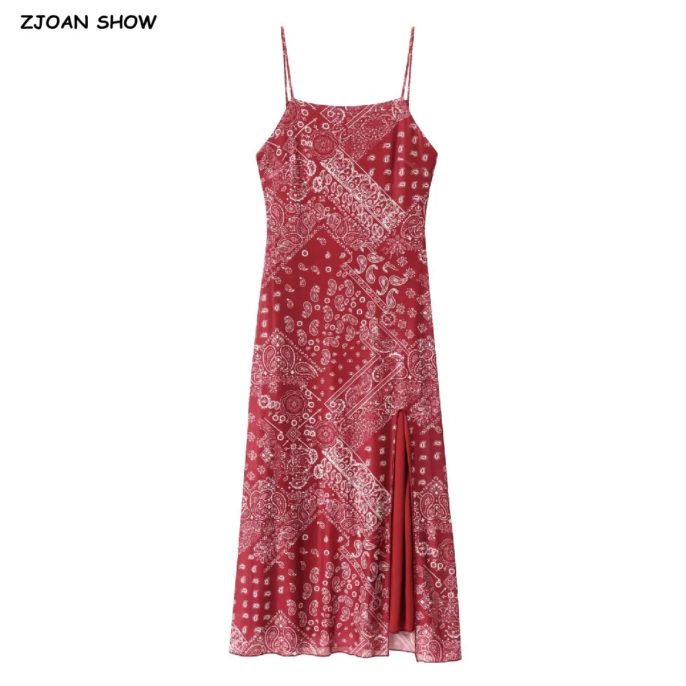 

2025 Sexy Wine Red Paisley Floral Print Maxi Long Mesh Sling Dress Women Hem Slit Package Hips Holiday Dresses Beach Robe