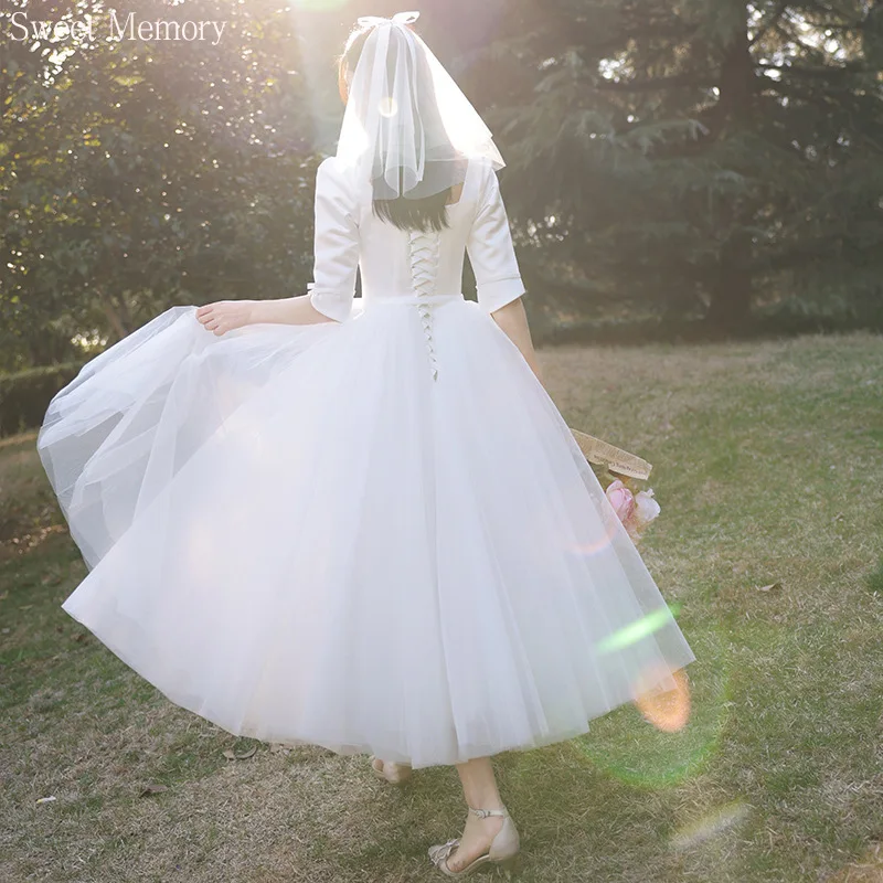 A129-vestido de novia de tul de satén blanco para mujer, vestido de boda con cuello cuadrado, sencillo, Vintage, con cordones, para fiesta de baile y Navidad