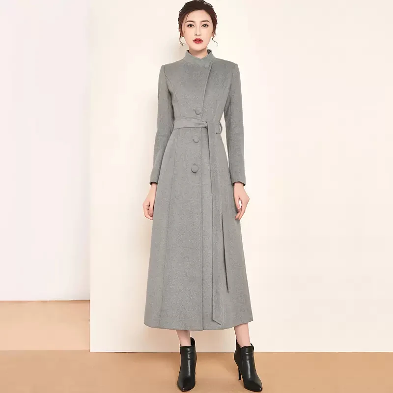 

New Women Autumn Winter Woolen Overcoat Simplicity Fashion Stand Collar Plus Cotton Thick Wool Blended Coat Long Slim Gray Coat