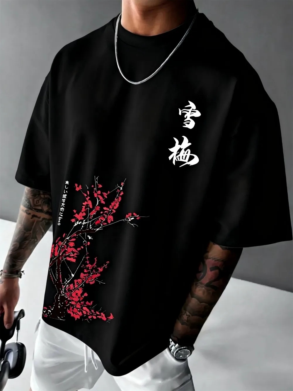 American men's summer cherry blossom branch letter print micro elastic breathable round neck T-shirt outdoor urban casual top