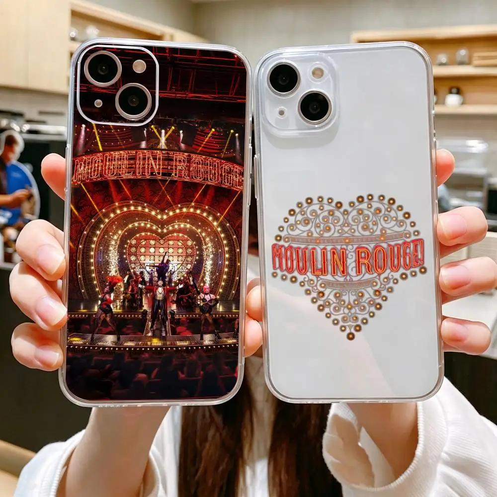 Capa de Telefone Transparente Anti-Queda com Estampa Moulin Rouge para iPhone 11/12/13/14/15/16/17 Plus, Pro, Pro Max e Air
