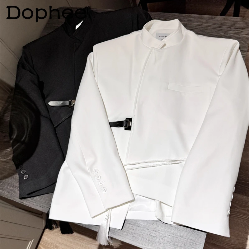 

Fashion Stand Collar Suit Jackets Men 2025 Faux Leather Button Irregular Design High-end Blazers Male Long Sleeve Tailored Coats