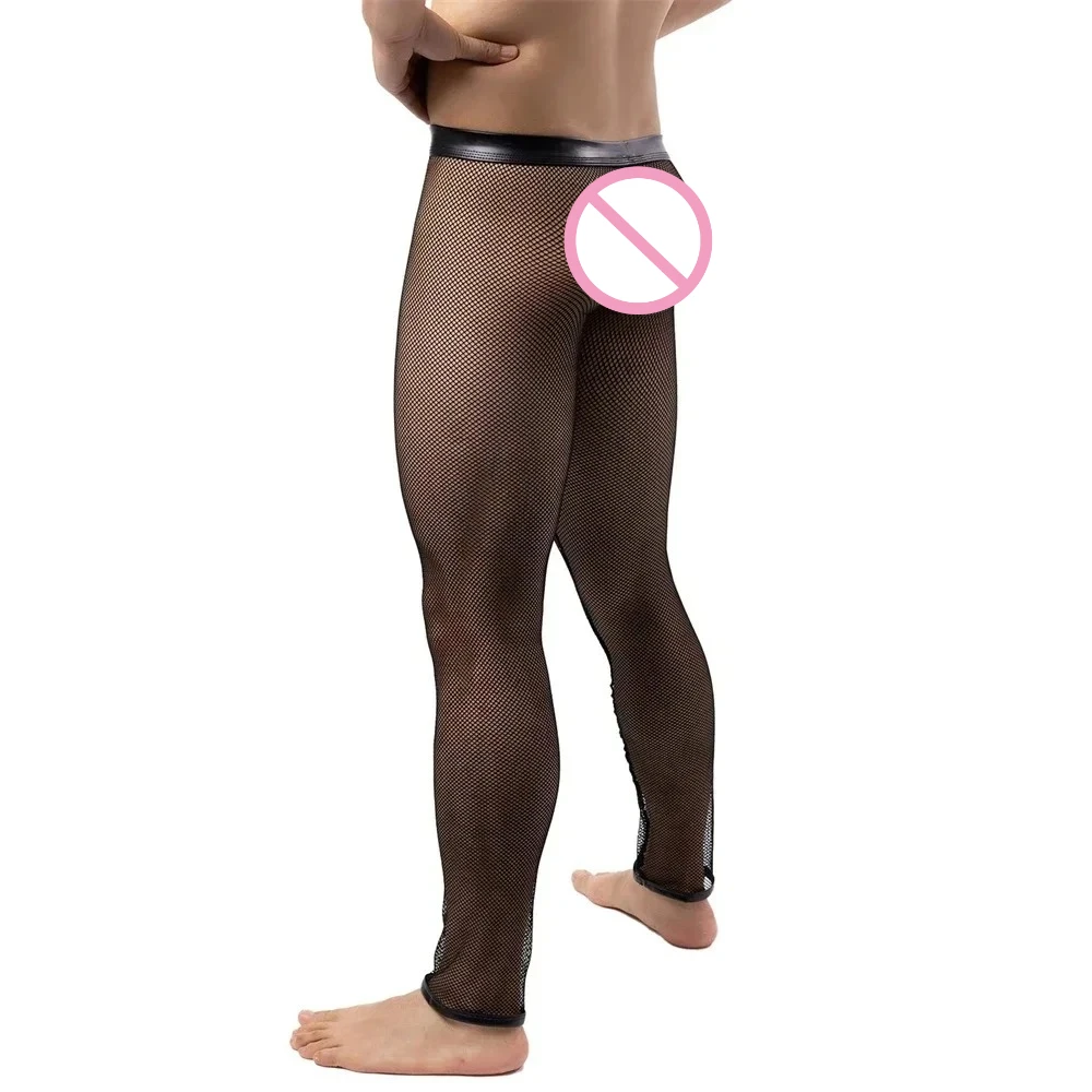 

New Mens Sexy Sleepwear Fishnet Hollow Out Pajama Pants Mesh Sleep Bottoms Male Sheer Leggings Gay Erotic Underwear Lounge Pants