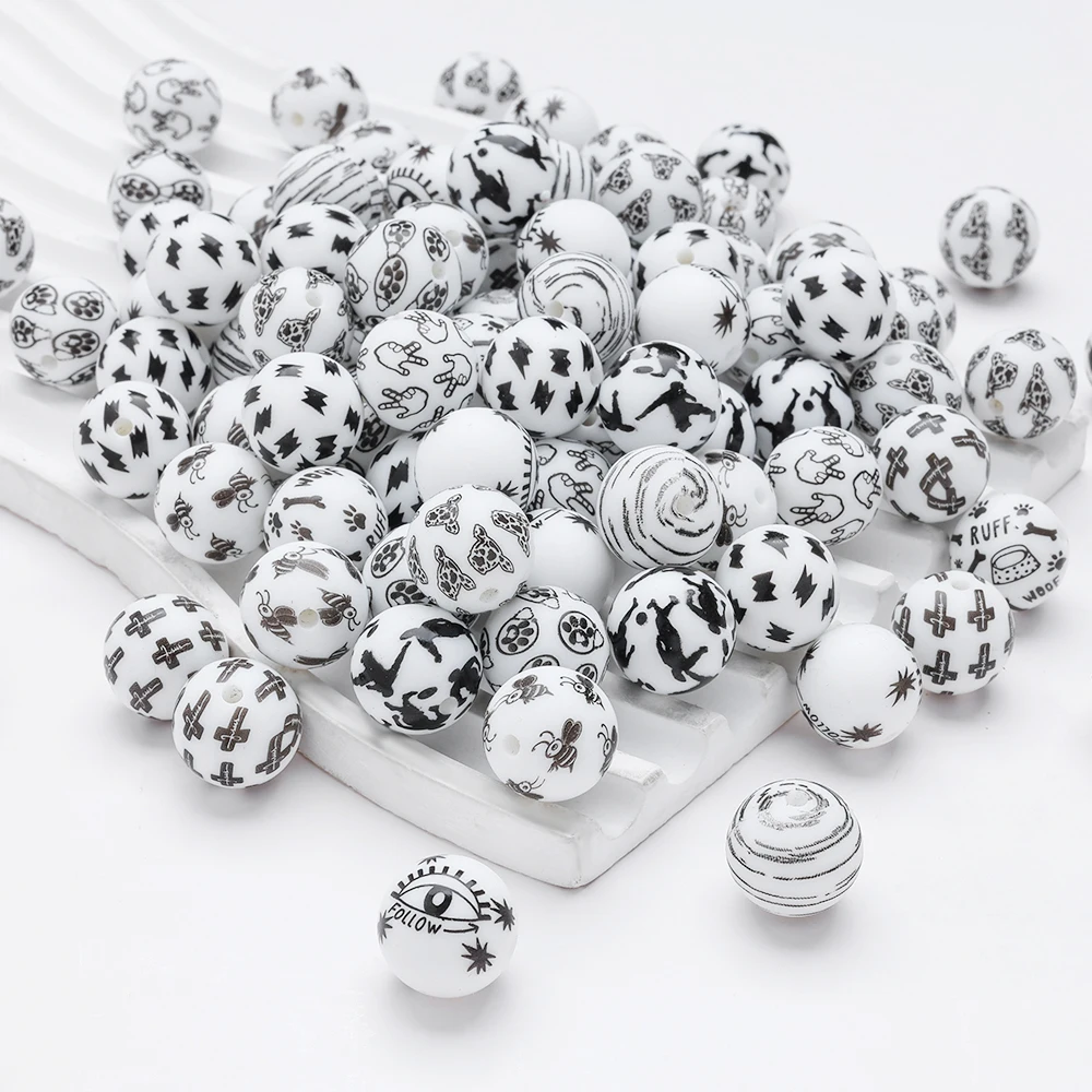 

10Pcs Baby Silicone Teether Bead 15mm Print Round Bead For DIY Handmade Necklace Bracelet BPA Free Pacifier Chain Making