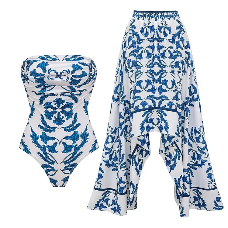 Flaxmaker Zomer Sexy Strapless Stijl Frilled Gedrukt Eendelig Badpak en Rok Vrouwen Retro Badmode Sets Partywear