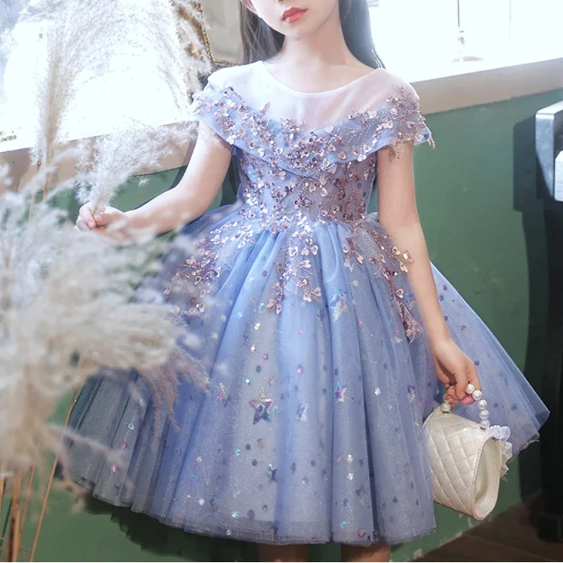 Customized Sequin Temperament Junior Bridesmaid Dresses O-Neck Boat Neck Design Flower Girl Dresses Princss Ball Gown Girl Birth