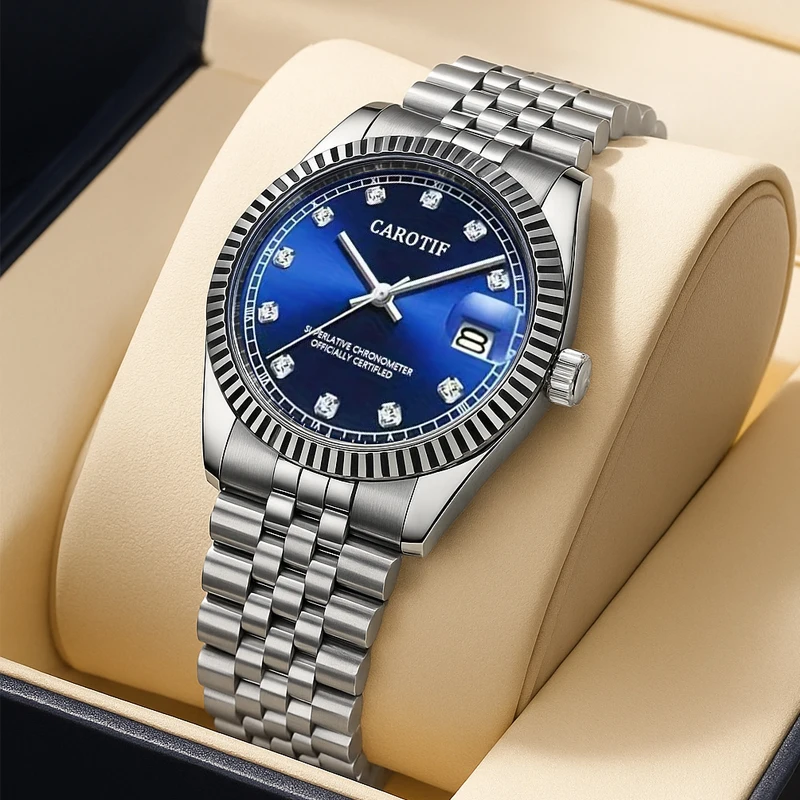 

Изящные и элегантные автоматические механические часы с индексом даты и серебряным стальным ремешком для женщин.