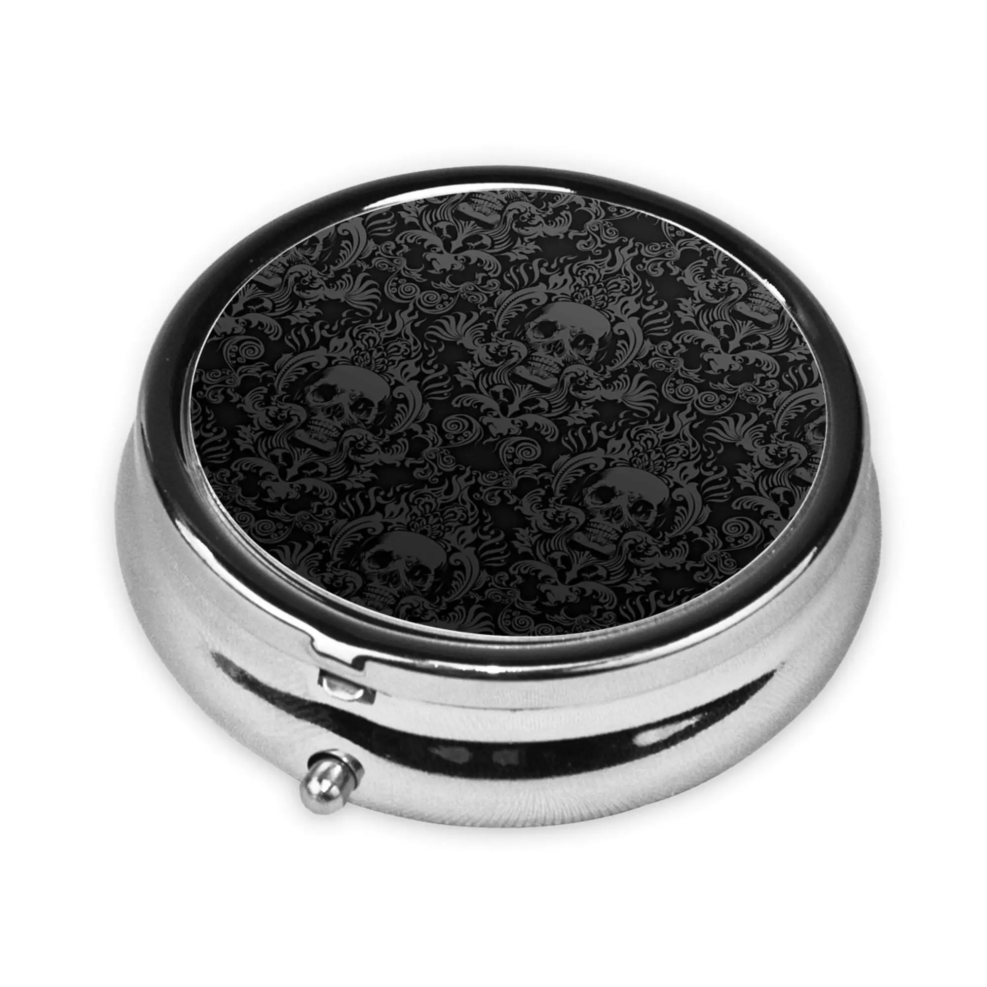 Gothic Black Skull Damask 3 Cell Metal Pill Boxes Stainless Steel Round Pill Boxes Medicine Organizer Container Medicine Case