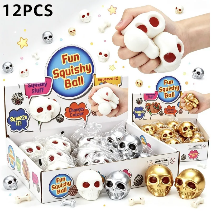 Halloween Stress Balls Squeeze Skull Toys Fidget Decompression Toys Squeeze Skulls With Blood And Maggots Halloween Prank Toys