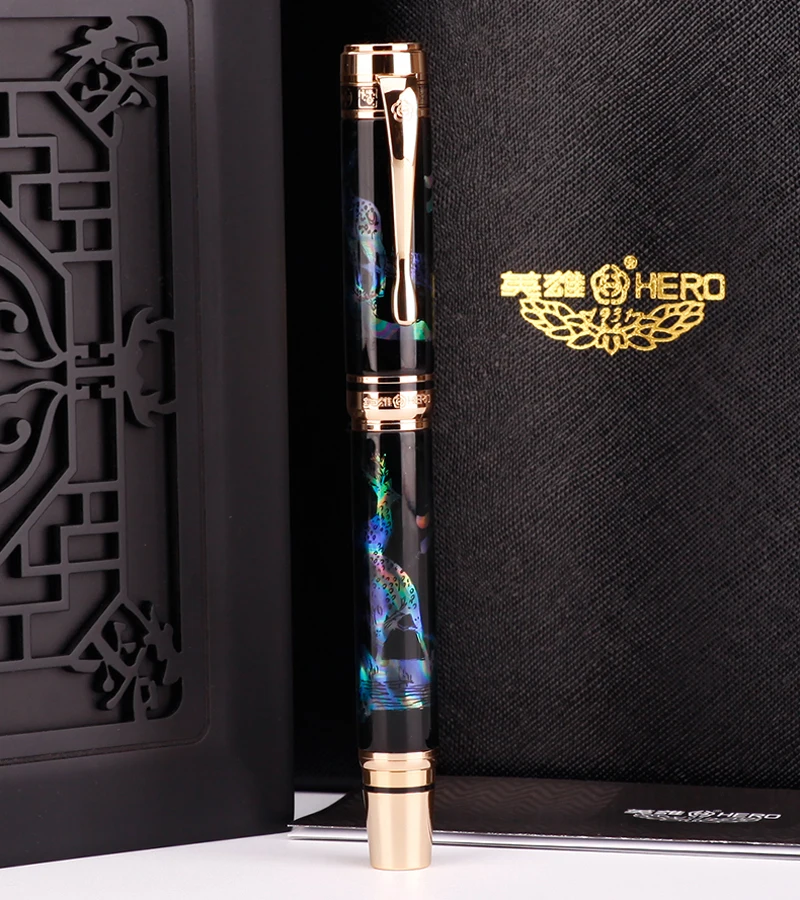 

Hero Luxurious Seashell Engraving Barrel Limited Edition "Prosperity" Fountain Pen 18K Gold Fine Nib Writing Gift Pen W/Gift Box