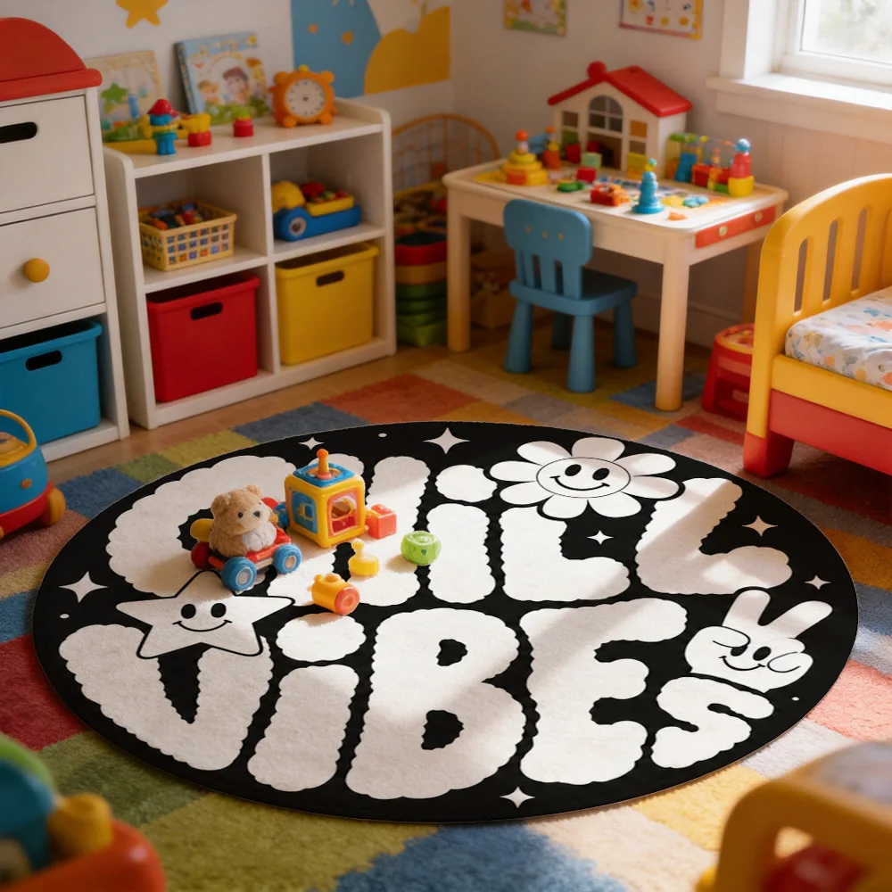Cute Chill Vibes Star Flower Rabbit Cartoon Round Area Rug for Living Room Nursery Kids Play Mat