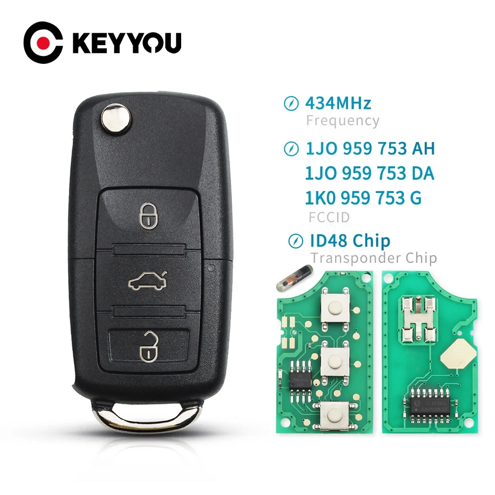 KEYYOU 3 Button Flip Remote Car Key Fob For VW PASSAT Polo Skoda Seat CADDY Golf Beetle JETTA 1J0959753 DA/AH 1K0959753G 434Mhz