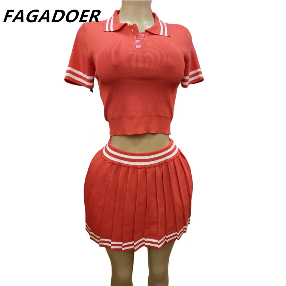 FAGADOER Fashion Academic Style Stripe Splicing Pleated Mini Skirts Two Piece Sets Women V Neck Short Sleeve Top+Skirts Outfits