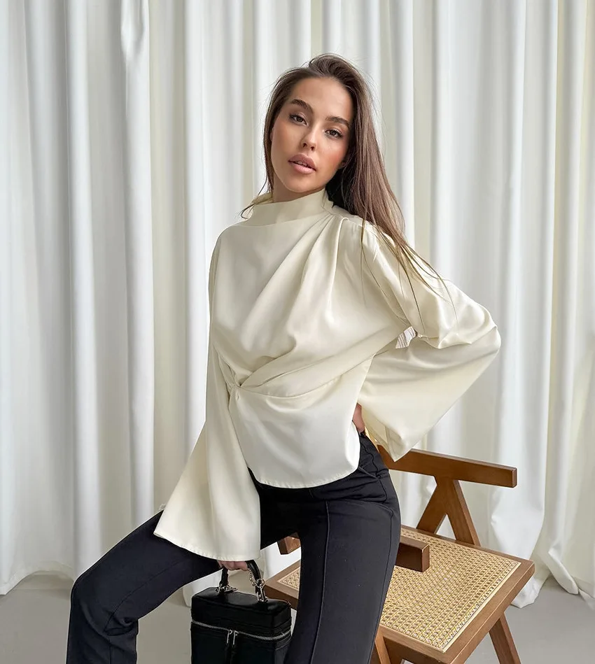 التنقل قميص أنيق الخصر جرس كم تصميم المرأة أعلى بسيط تنوعا أعلى الربيع والخريف الملابس النسائية الجديدة