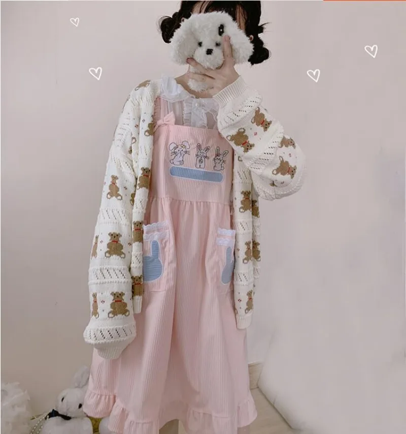 Japanese Vintage Teens Girl Corduroy Dress Mori Girl Lolita Kawaii Bunny Pink Overalls Harajuku Cute Rabbit Bow-knot Strap Dress