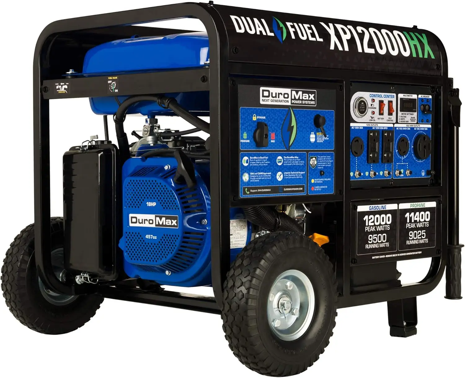 

XP12000HX Dual Fuel Portable Generator-12000 Watt Gas or Propane Powered Electric Start w/CO Alert, 50 State Approved, Blue