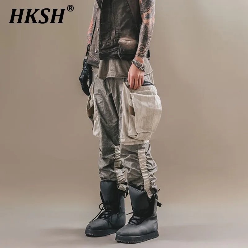 

HKSH Men's Dark Doomsday Tactical Multi Pockets Waste Land Overalls Vintage Craft Folding Stacking Tie Foot Cargo Pants HK0119