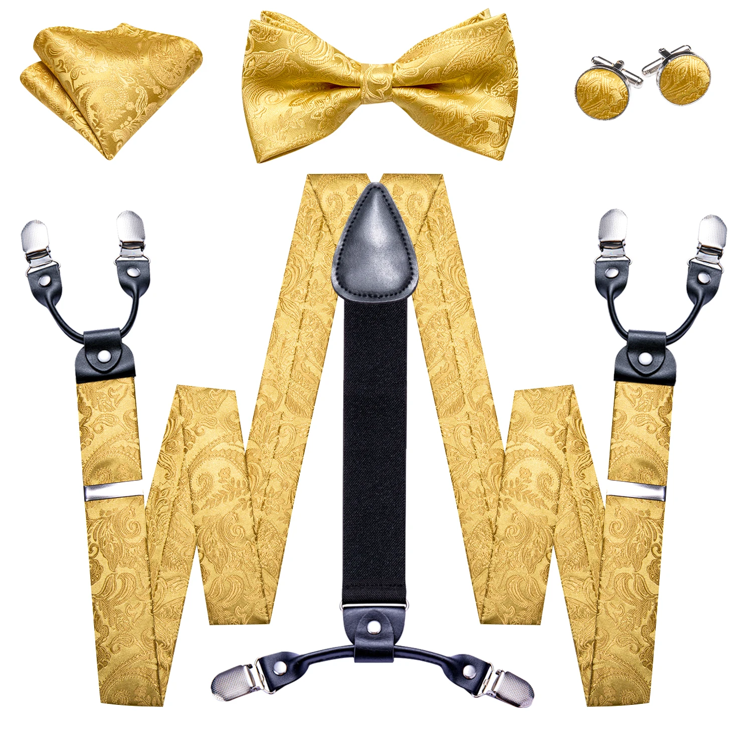 أصفر وردي أحمر برتقالي أزرق كحلي بيزلي الأزهار رجل الحمالة قابل للتعديل 6 مقاطع الأقواس ربطة العنق المنديل أزرار أكمام مجموعة باري وانغ