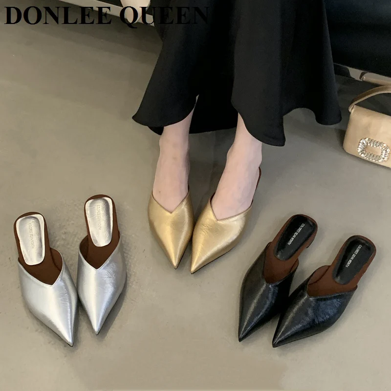 

Women Flat Heel Slippers Pointed Toe Elegant Mule Shoes 2025 Summer New Fashion Shallow Loafers Gold Sliver Sandal Slipper Mujer