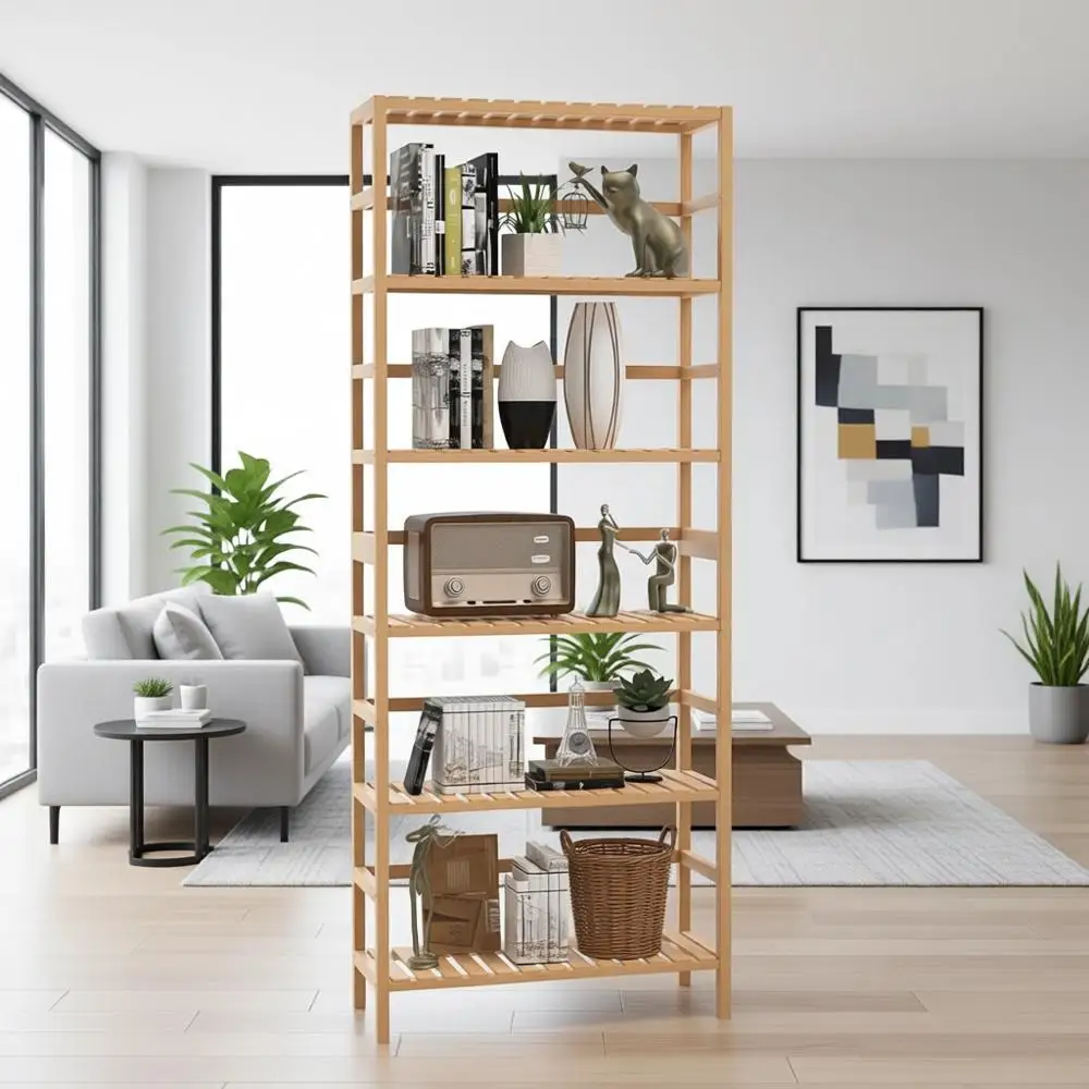 

6-Tier Bamboo Shelving Unit, Tall Bookcase with Adjustable Shelves, Multipurpose Storage Display for Living and Bathroom