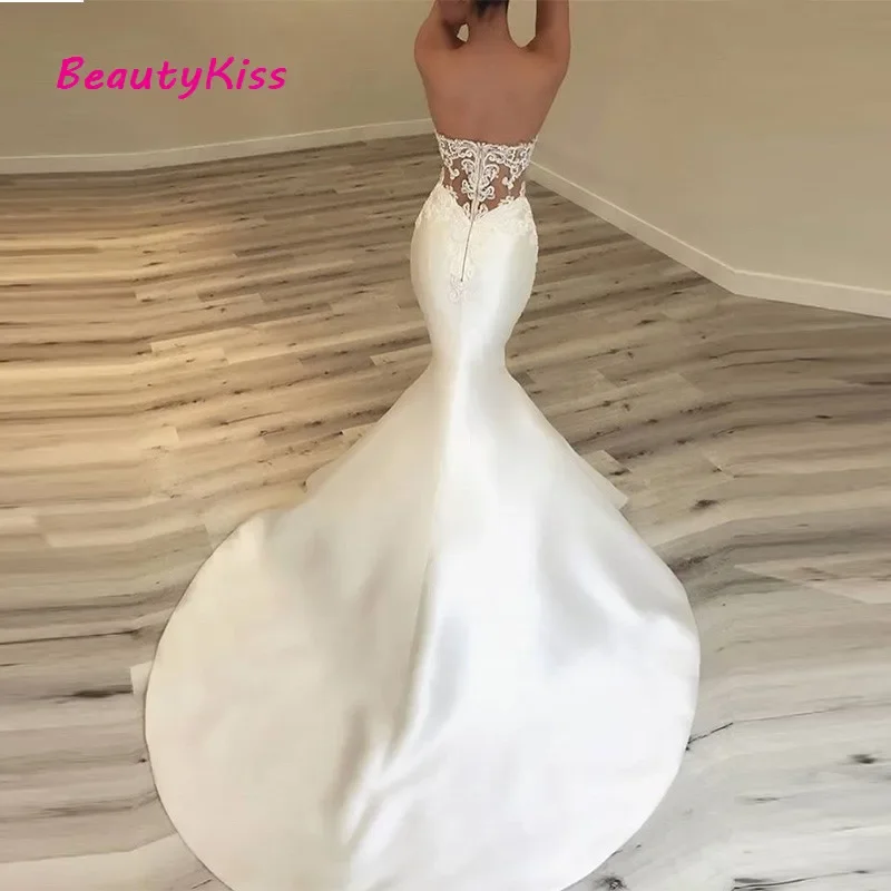 Sexy Mermaid Wedding Dresses Appliques Beaded Robe De Maria Elegant Satin Bridal Gowns Vestidos De Noiva