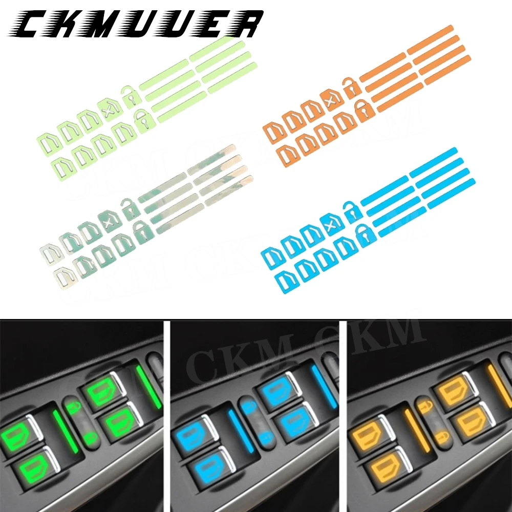 

1 комплект, панель управления окон автомобиля, светящиеся наклейки, переключатель подъема двери, окна, украшение, наклейка для салона автомобиля, автоаксессуары