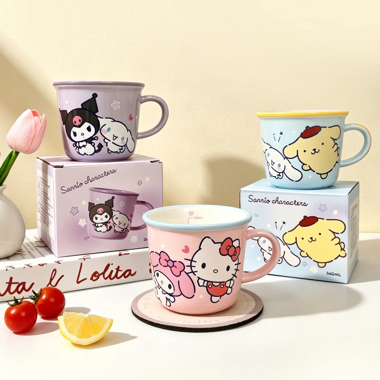310Ml Cartoon Sanrio Hello Kitty My Melody Cinnamoroll Kuromi Ceramic Box Set Mug Kawaii  Kitchen Milk Cup Child Special Gift view 4