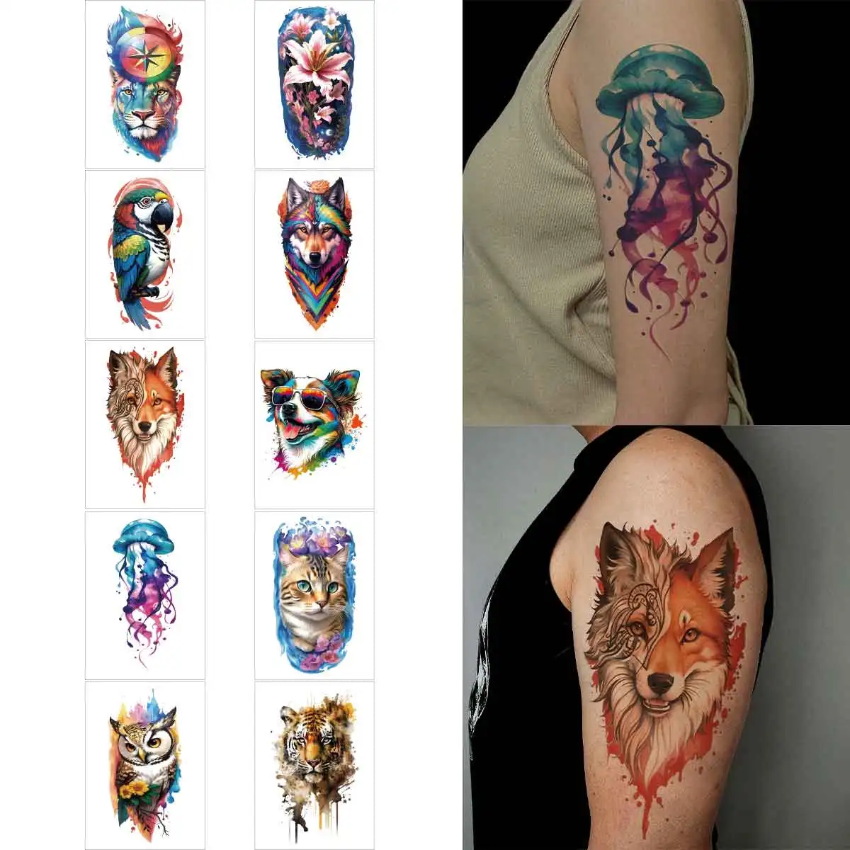 

10pcs 3D Watercolor Cat Owl Lion Temporary Tattoo Stickers for Women Men Bdoy Art Arm Legs Fake Flash Water Transfer Tattoo