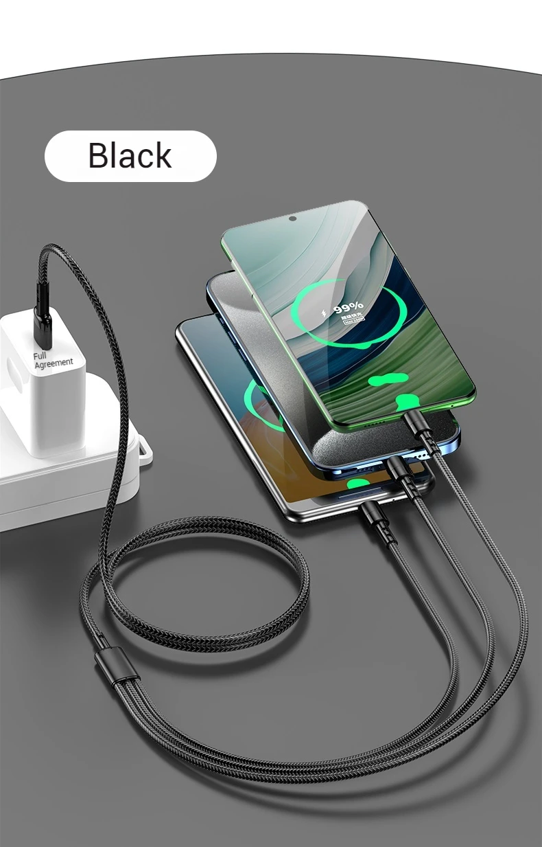 3 In 1 USB Fast Charging Cable 1.2M/2M Type C Micro IOS Multi Charger Cable for Huawei Samsung Nylon Braided Cord