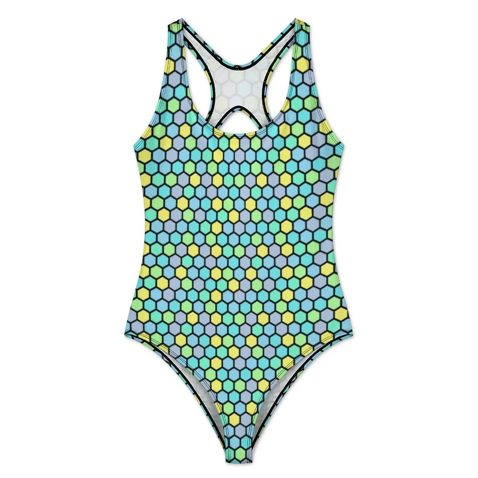 Abstract Geometry Swimsuit Sexy Colorful Beehive Ladies Swimwear One-Piece Novelty Bodysuit Sport Push Up Backless Bathing Suits
