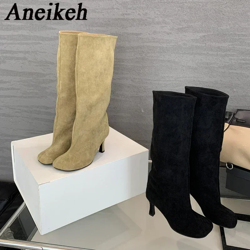 

Aneikeh Winter Street Style Square Toe Knee-High Women Boots Punk Thin High Heels Shoes Female Long Booties Zapatos De Mujer