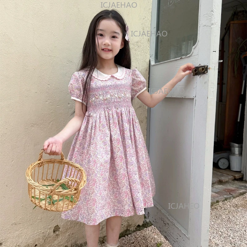 Smocked Embroidery Dress Children Vintage Pink Purple Floral Hand Smocking Dresses Girls Short Sleeve Kids Casual Pageant Outfit