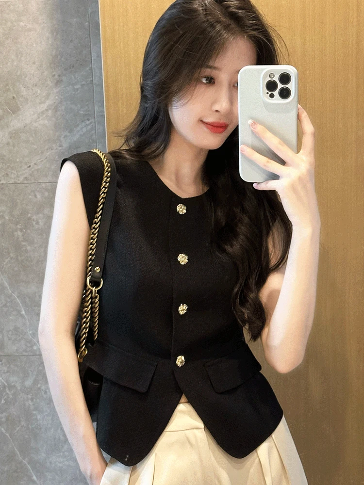 

Elegant Sleeveless Vest Shirt Women's Spring Summer New Design Waist-Cinching Short Top Fashionable Versatile Knitted Material
