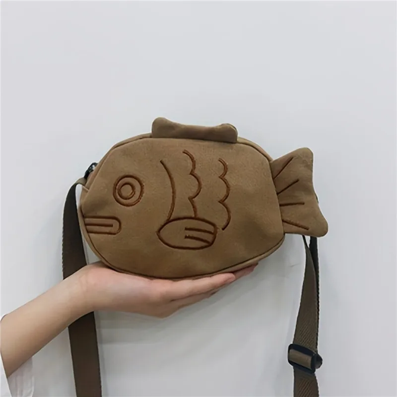 Fish Shape Canvas Messenger Bag Mini Crossbody Bag Fashion Cute Embroidery Portable Zippered Small Purses Handbags 2024